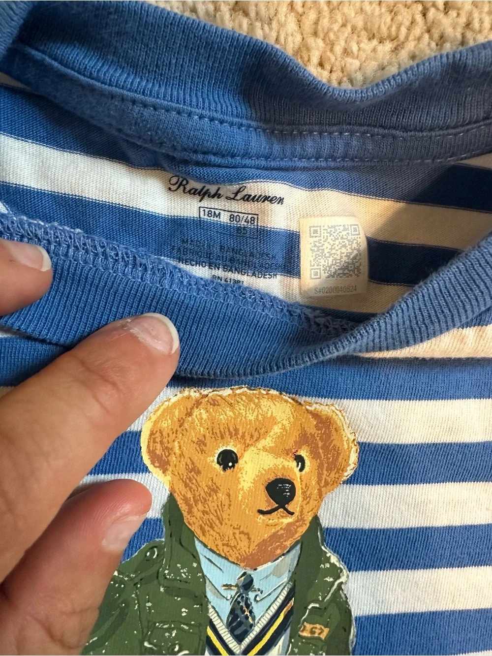Worn once - 18M Ralph Lauren Blue & White Striped Bear Tee